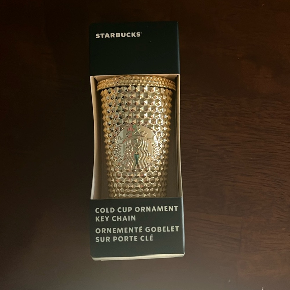 Gold Starbucks cold cup ornament key chain.